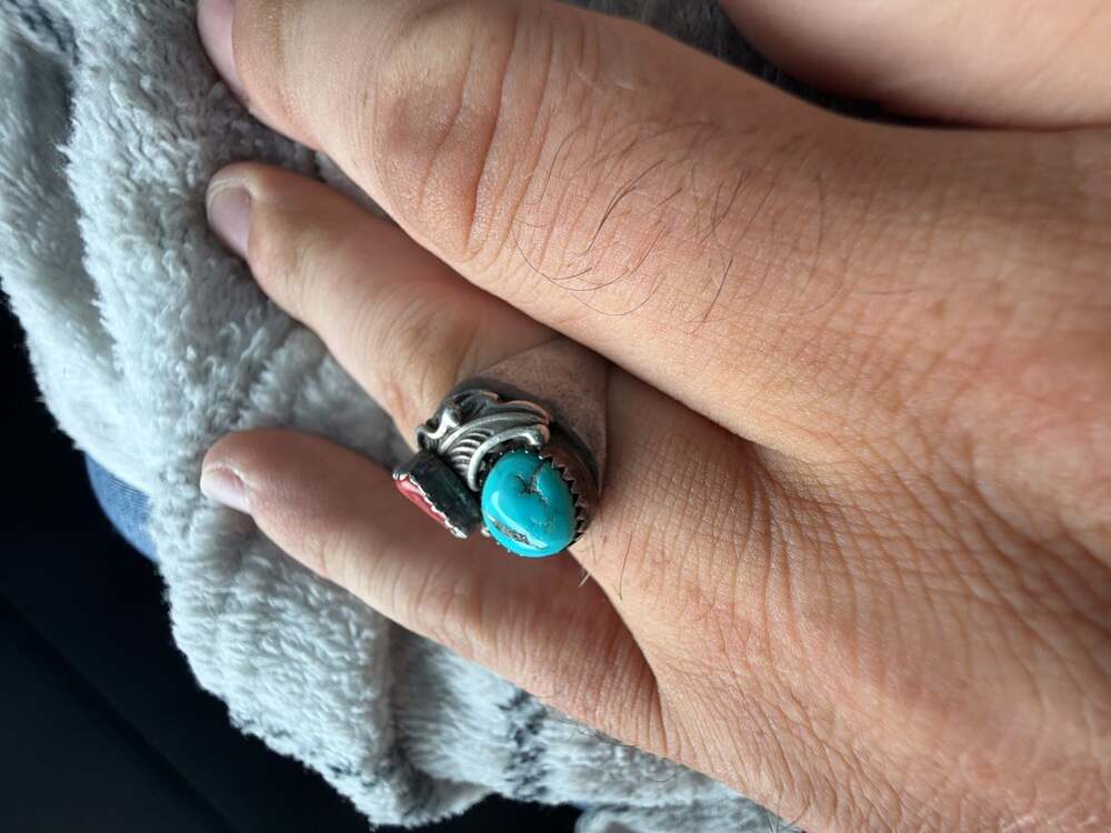 Vintage Native American Navajo Sterling Silver Turquoise and Coral Leaf Design R - Picture 4 of 6